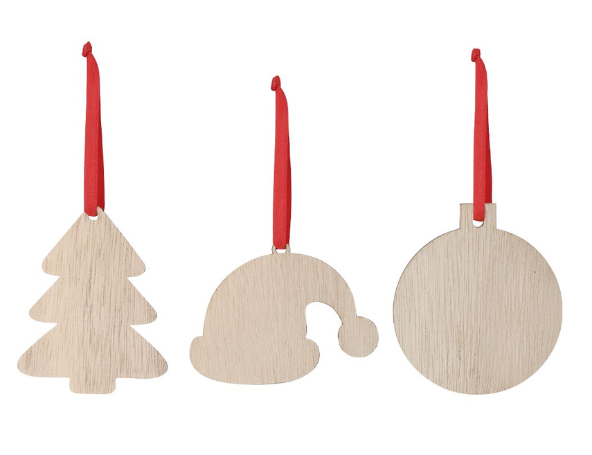 Adornos de Navidad de madera personalizables en forma de árbol, gorro y bola