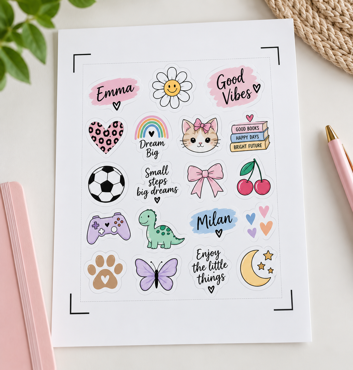 Gepersonaliseerde stickers op A4-vel met contourgesneden ontwerpen