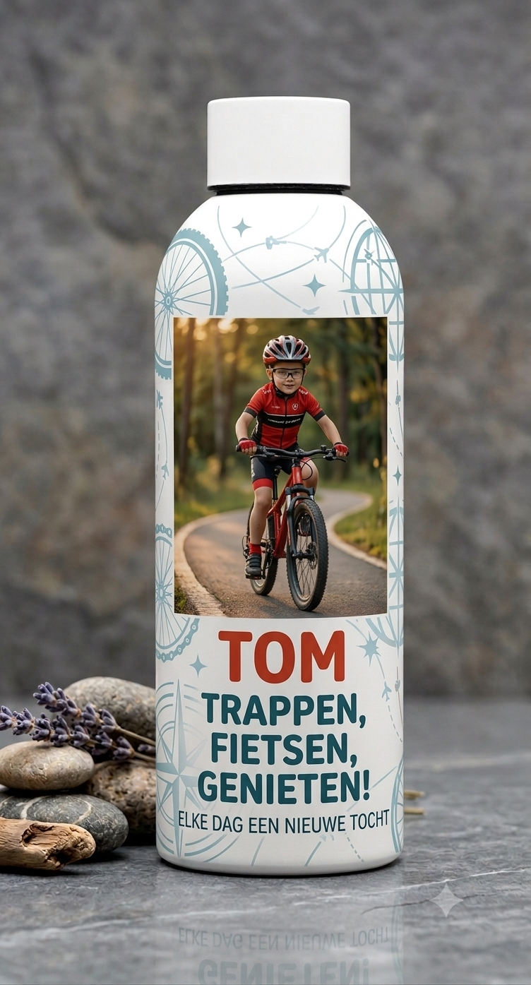 Botella personalizada de acero inoxidable 800 ml con foto, nombre y frase de ciclismo