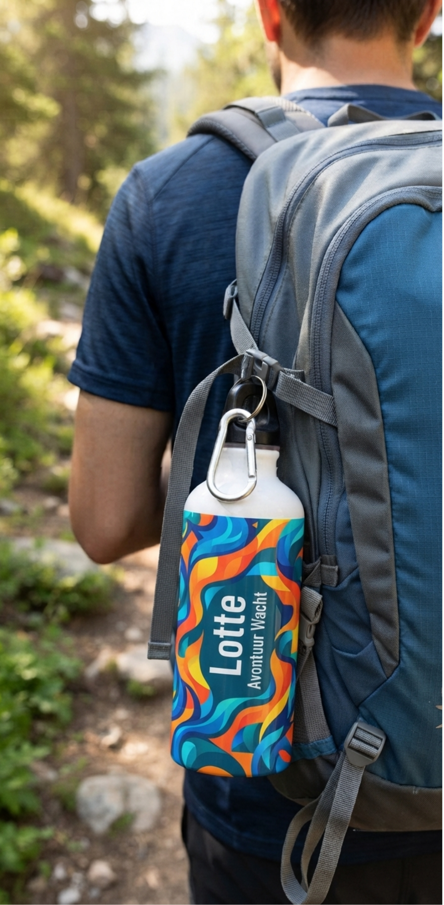 Botella personalizada colgada en una mochila durante una excursión