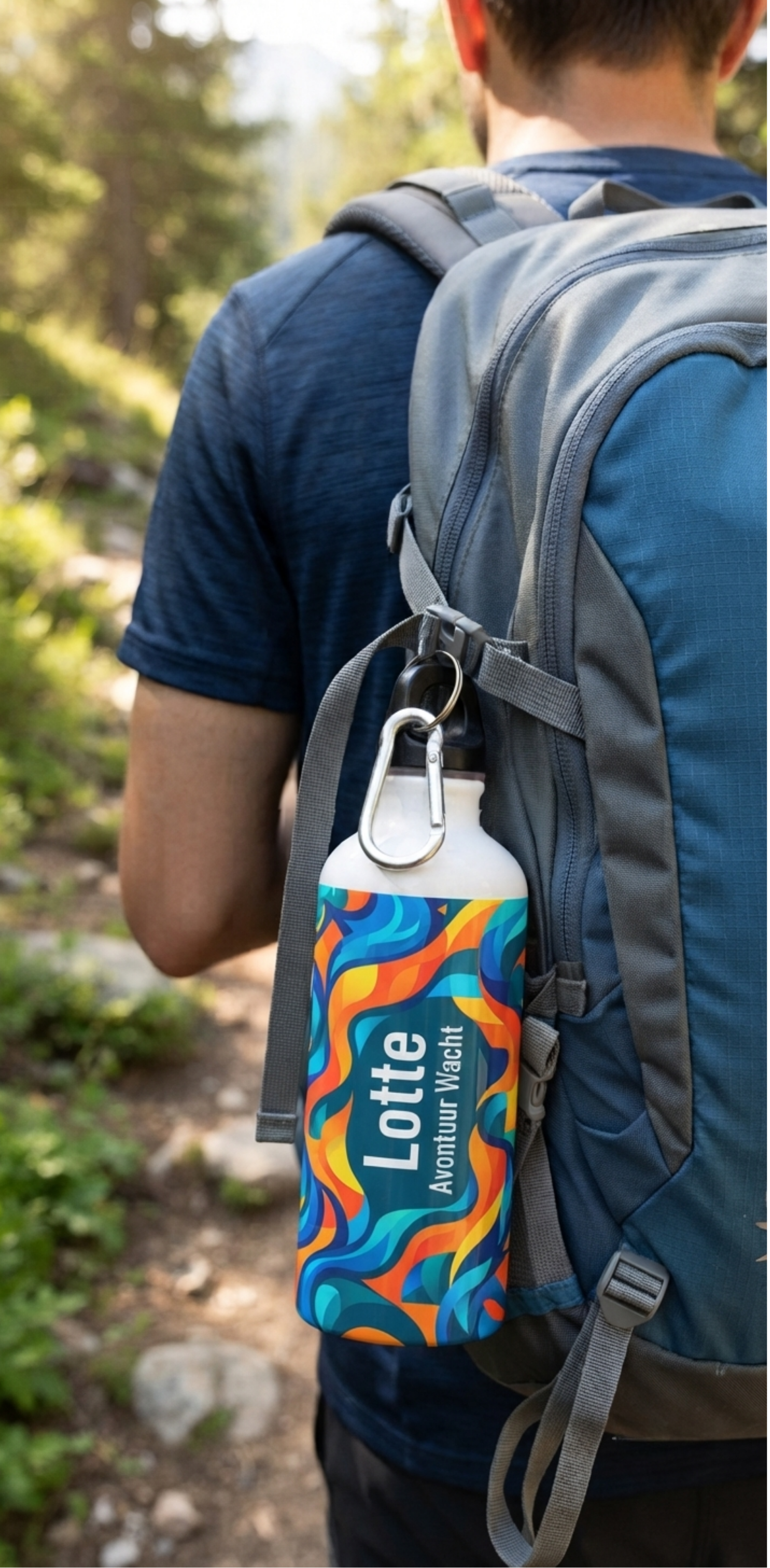Botella personalizada colgada en una mochila durante una excursión
