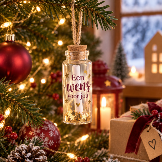 Gepersonaliseerd wensflesje met kerstboodschap hangend in de kerstboom