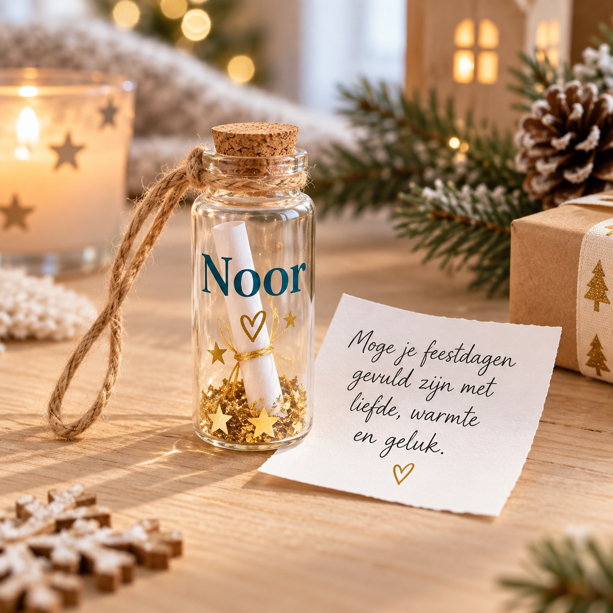 Gepersonaliseerd wensflesje met naam en handgeschreven kerstboodschap