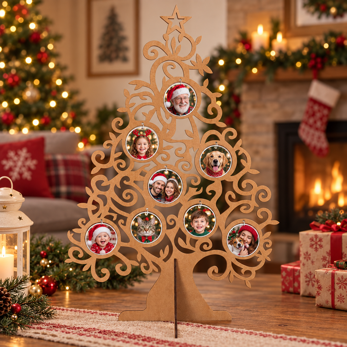 Gepersonaliseerde familie kerstboom met 8 kerstballen met foto's van familie en huisdieren