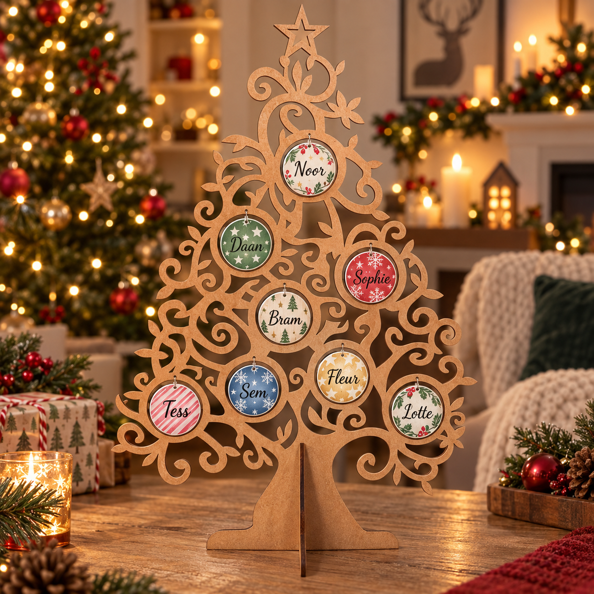 Gepersonaliseerde familie kerstboom met 8 kerstballen met namen en kerstontwerpen
