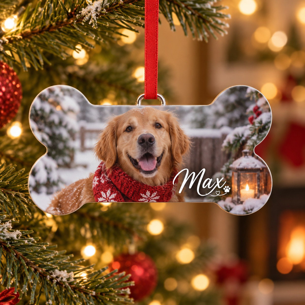 Gepersonaliseerde kerstdecoratie voor hond in botvorm met foto en naam