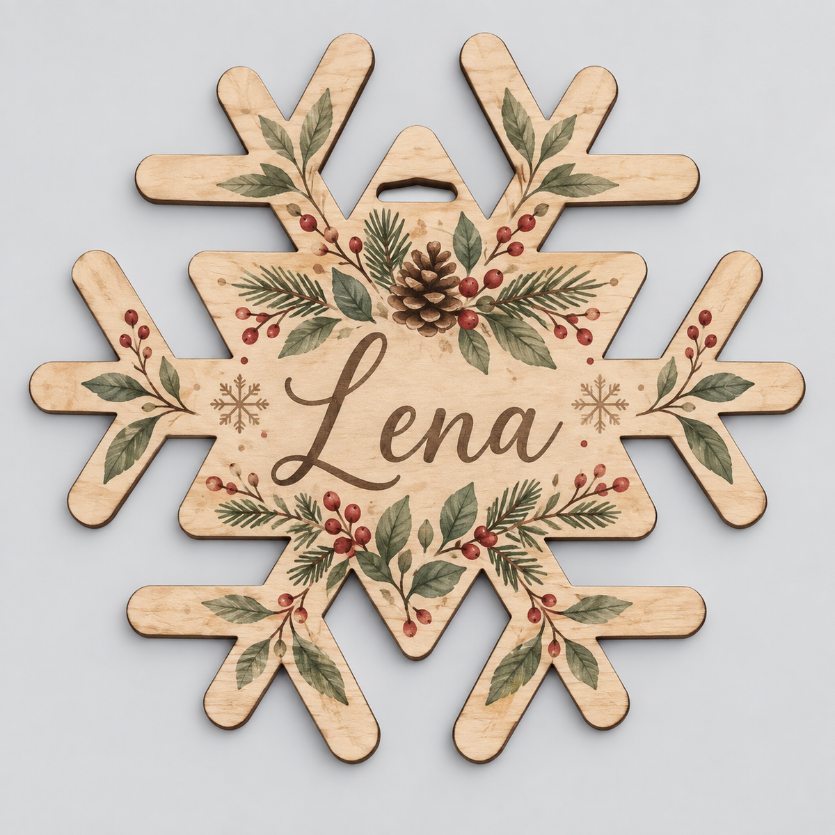 Gepersonaliseerde kerstdecoratie van hout in sneeuwvlokvorm