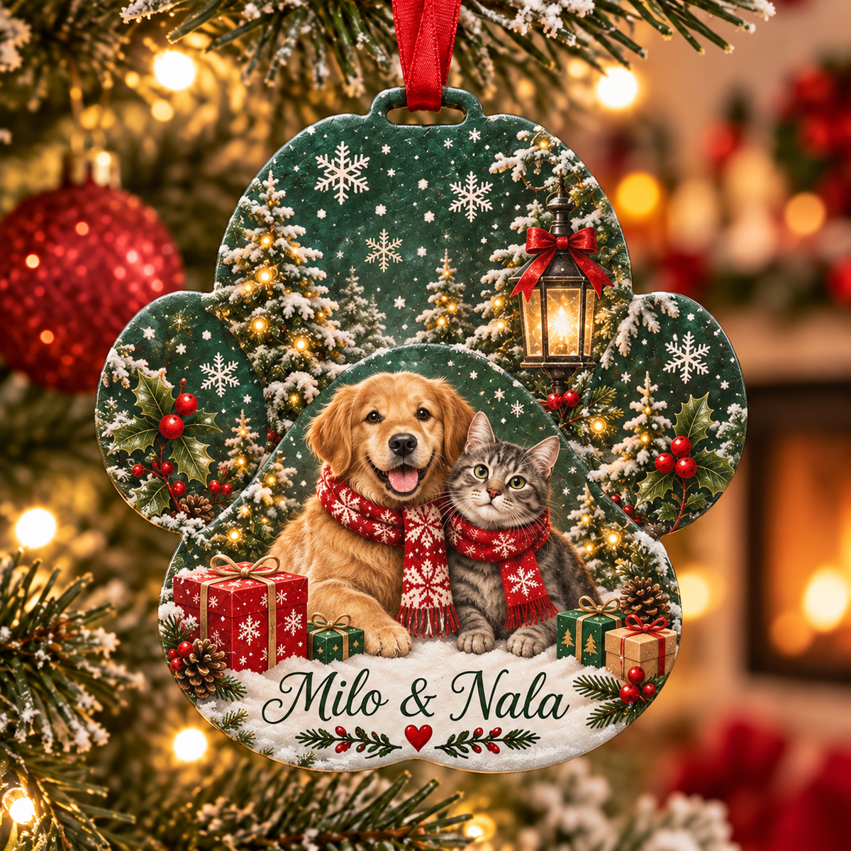 Gepersonaliseerde kerstdecoratie voor huisdieren in pootafdrukvorm met foto en namen