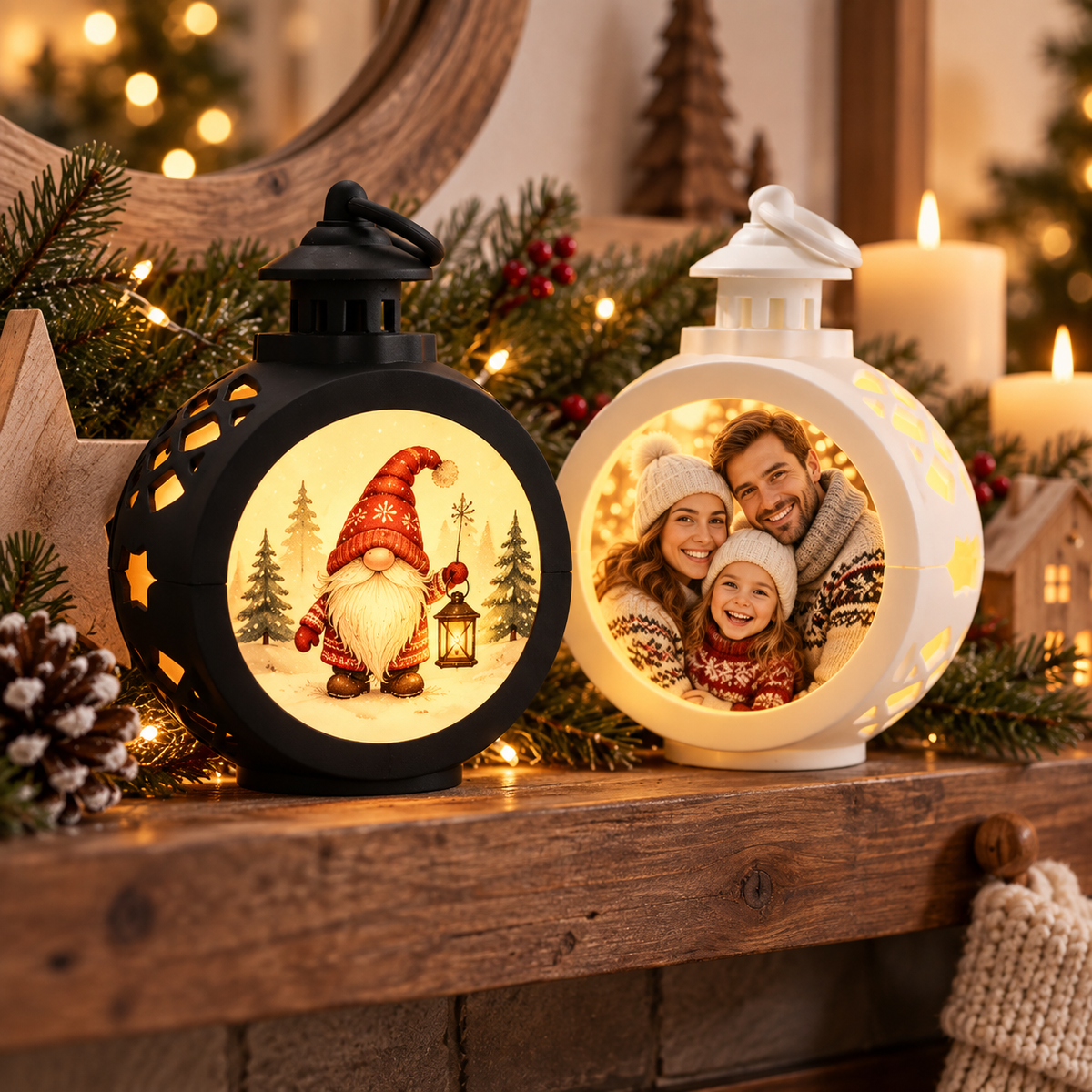 Gepersonaliseerde ronde LED kerstlantaarns met familiefoto en kerstontwerp