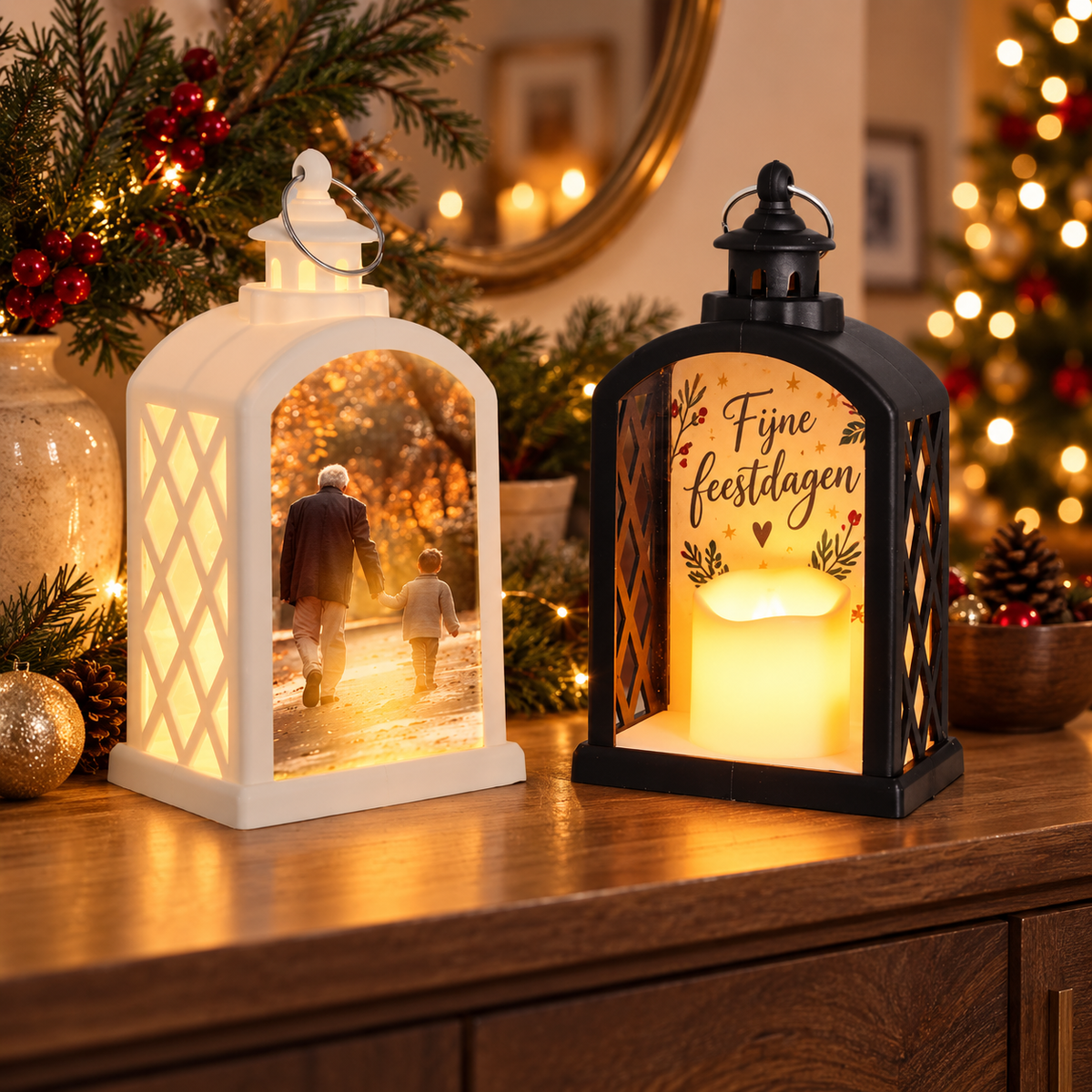 Gepersonaliseerde rechthoekige LED kerstlantaarns met foto en kerstboodschap