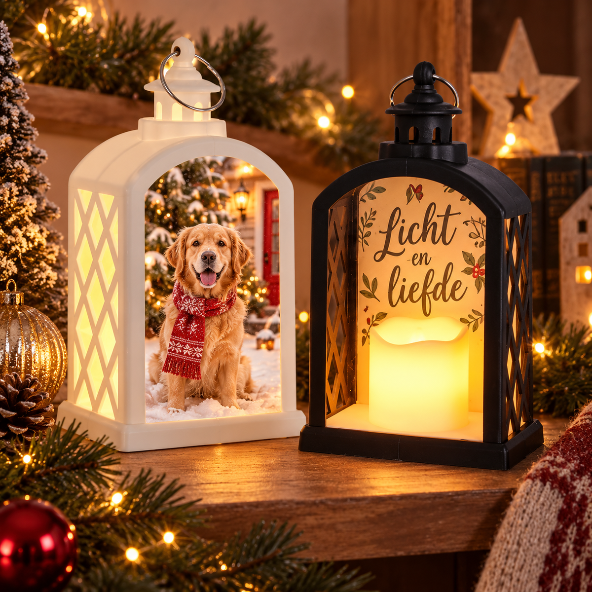 Gepersonaliseerde LED kerstlantaarns met foto en kersttekst
