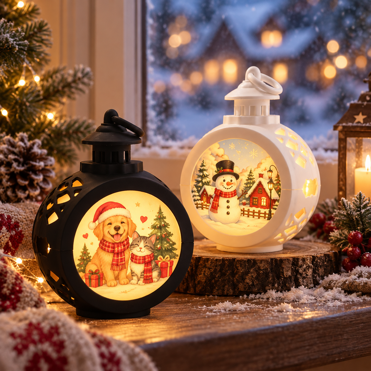 Gepersonaliseerde ronde LED kerstlantaarns met huisdieren en kerstontwerp