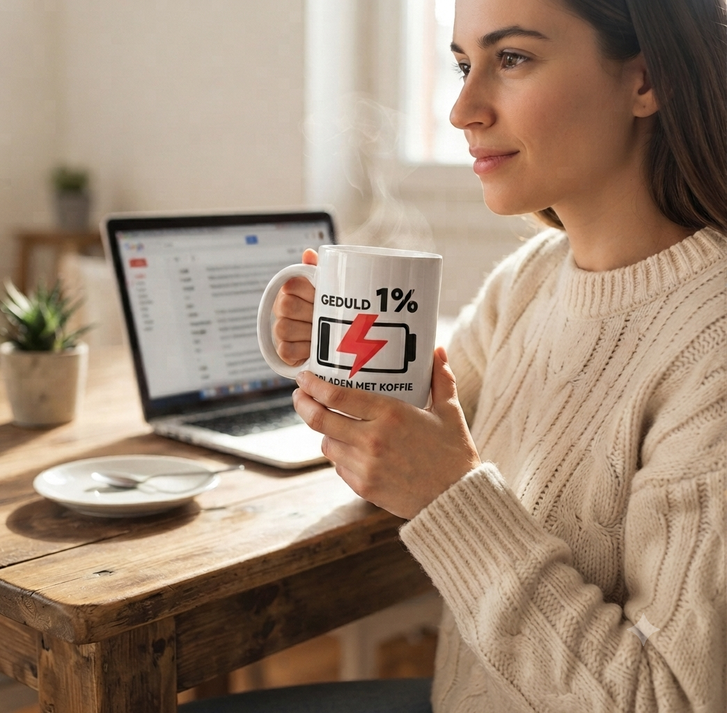 Taza personalizada usada en un desayuno en casa con café